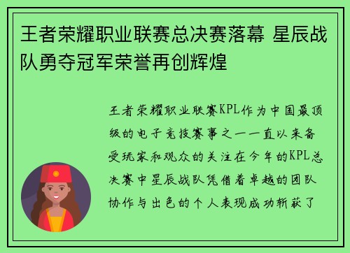 王者荣耀职业联赛总决赛落幕 星辰战队勇夺冠军荣誉再创辉煌