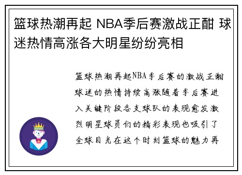 篮球热潮再起 NBA季后赛激战正酣 球迷热情高涨各大明星纷纷亮相