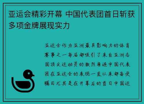 亚运会精彩开幕 中国代表团首日斩获多项金牌展现实力
