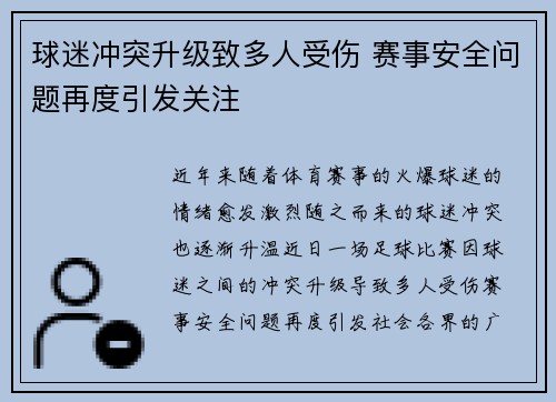 球迷冲突升级致多人受伤 赛事安全问题再度引发关注