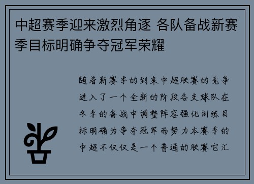 中超赛季迎来激烈角逐 各队备战新赛季目标明确争夺冠军荣耀
