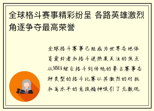 全球格斗赛事精彩纷呈 各路英雄激烈角逐争夺最高荣誉